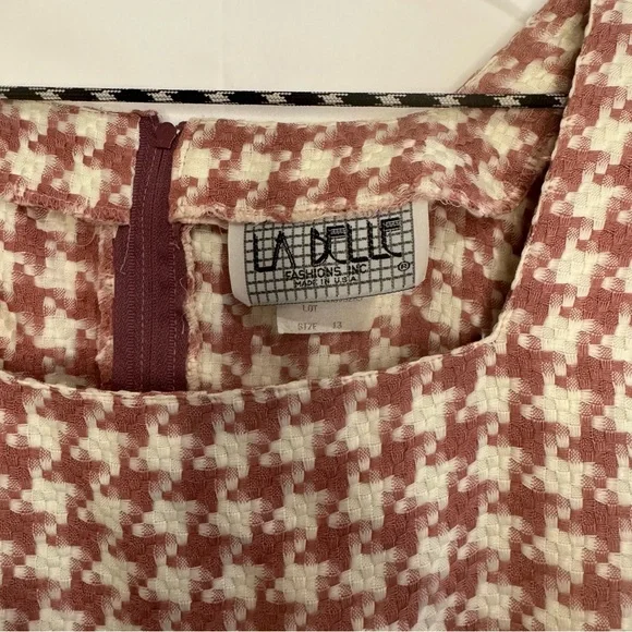 Vintage La Belle Pink And White Houndstooth Shift Dress With Cap Sleeves Size 13 - Picture 3 of 5